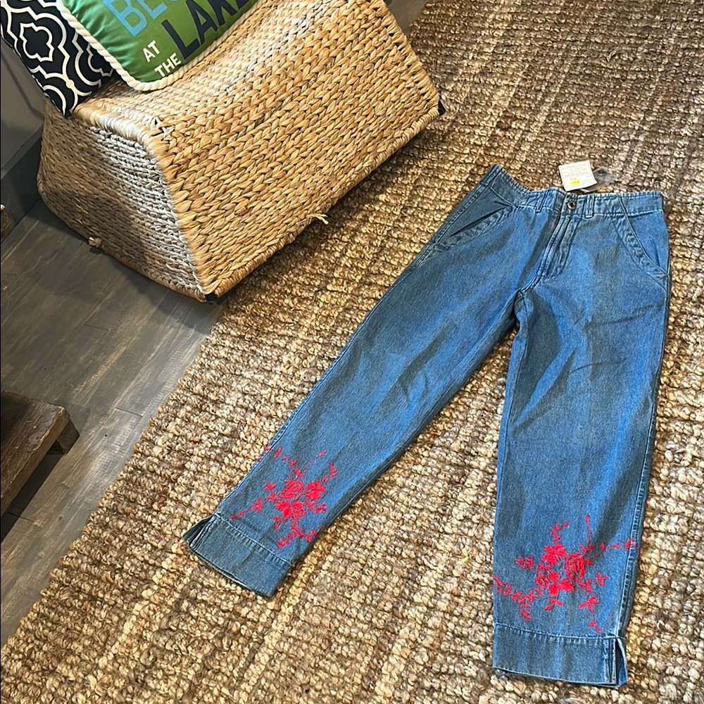 Deadstock Agapo Vintage Women's Blue Denim Red Floral Embroidered Jeans